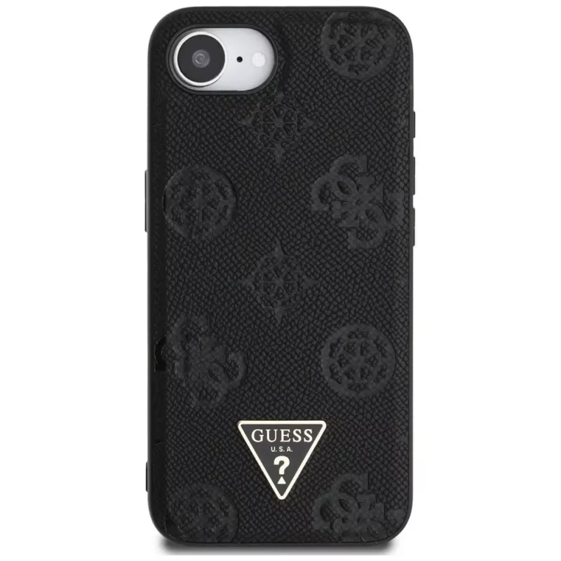 Guess Grained Hot Stamp Peony Triangle Logo MagSafe -kotelo iPhone 16e (musta)