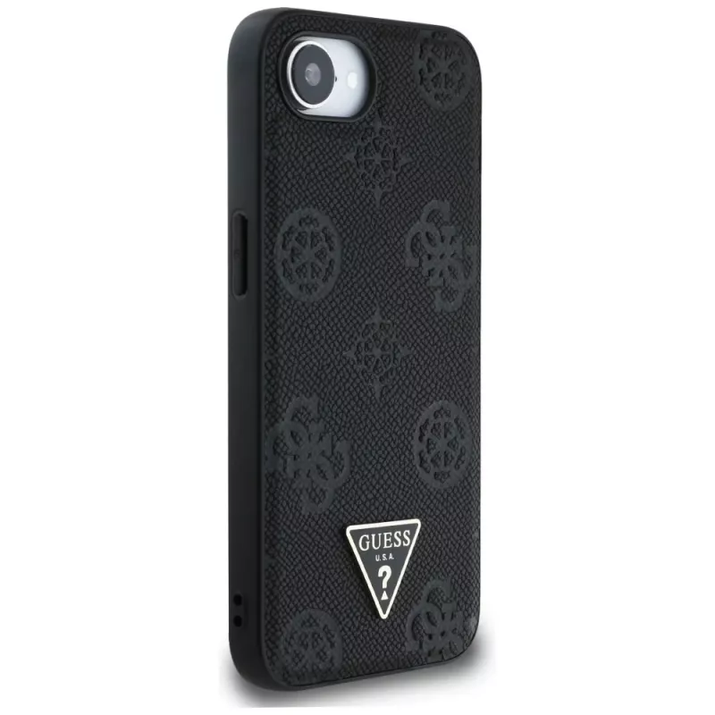 Guess Grained Hot Stamp Peony Triangle Logo MagSafe -kotelo iPhone 16e (musta)