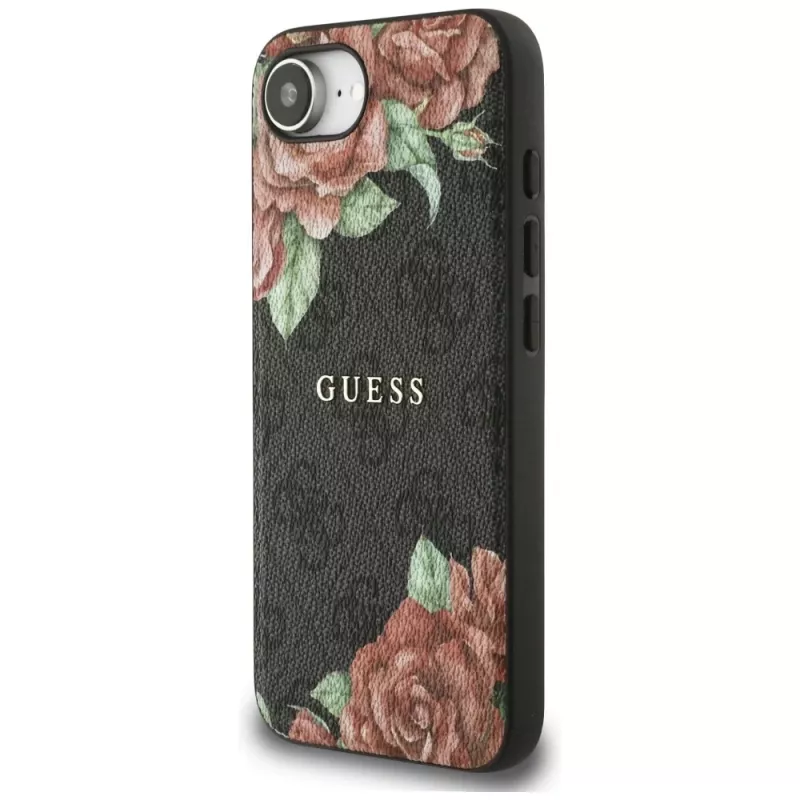 Guess 4G Flowers Print MagSafe -kotelo iPhone 16e / 17e, musta