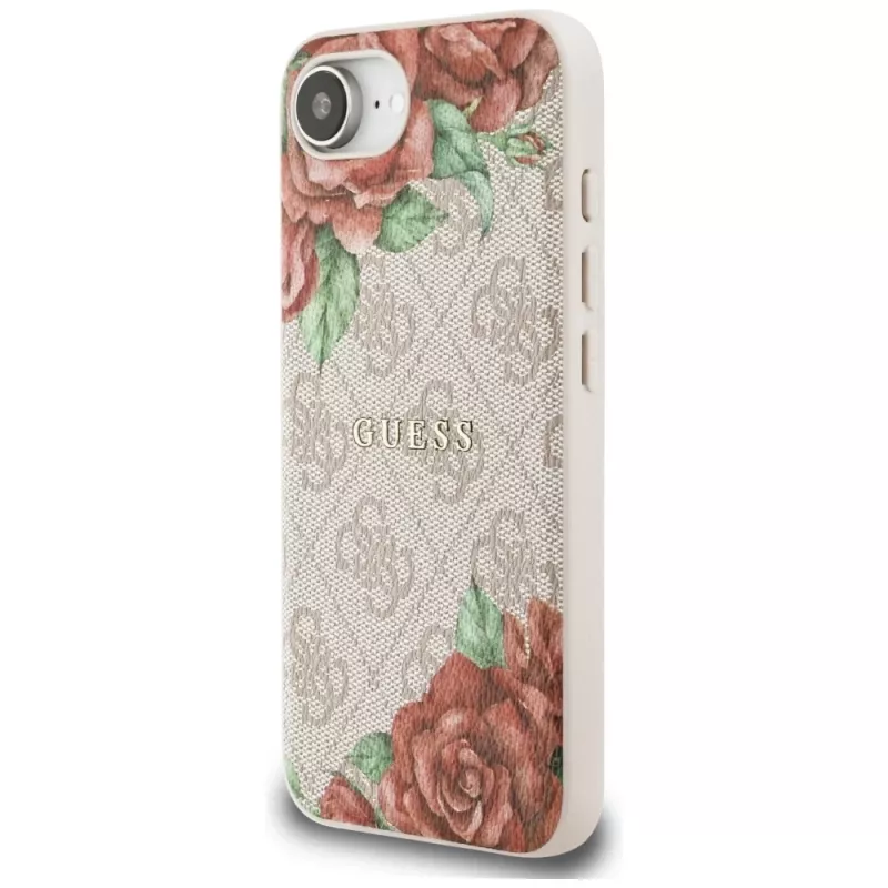 Guess 4G Flowers Print MagSafe -kotelo iPhone 16e / 17e, pinkki