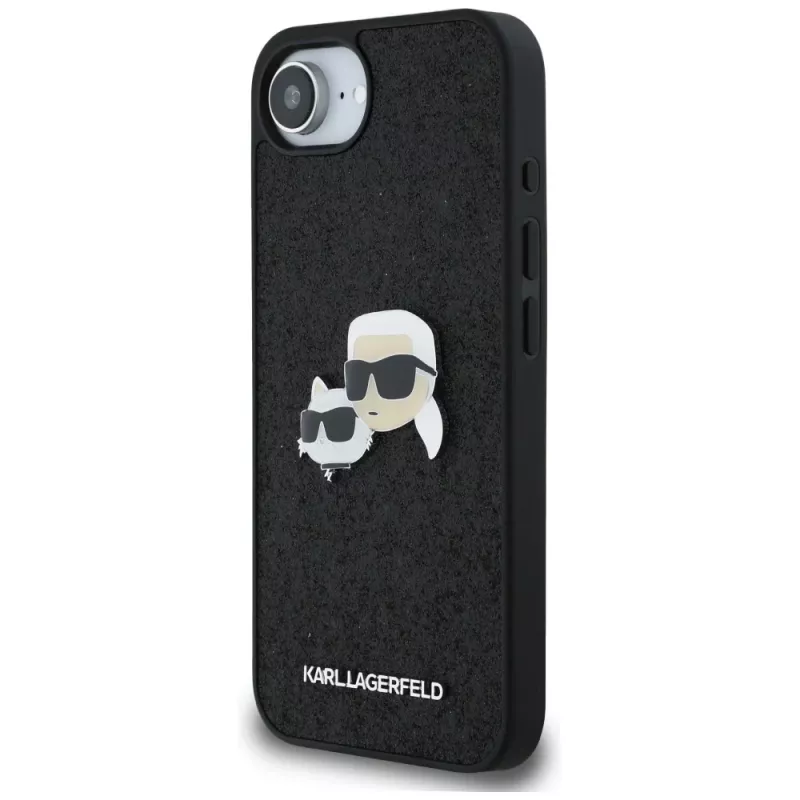 Karl Lagerfeld Fixed Glitter Karl & Choupette Heads Metal Pin -kotelo Apple iPhone 16e (musta)