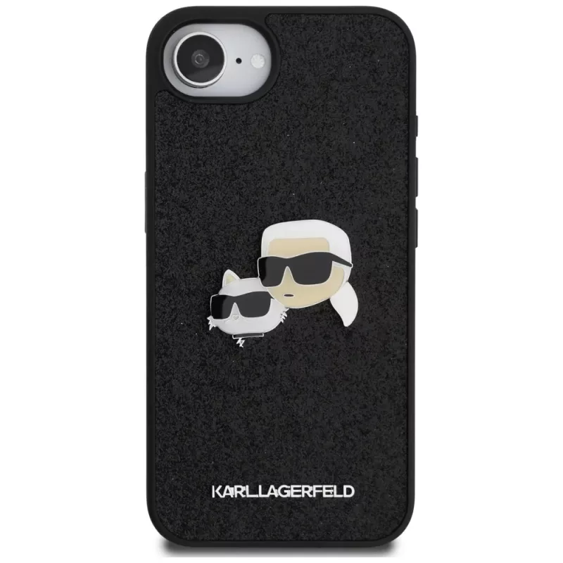 Karl Lagerfeld Fixed Glitter Karl & Choupette Heads Metal Pin -kotelo Apple iPhone 16e (musta)