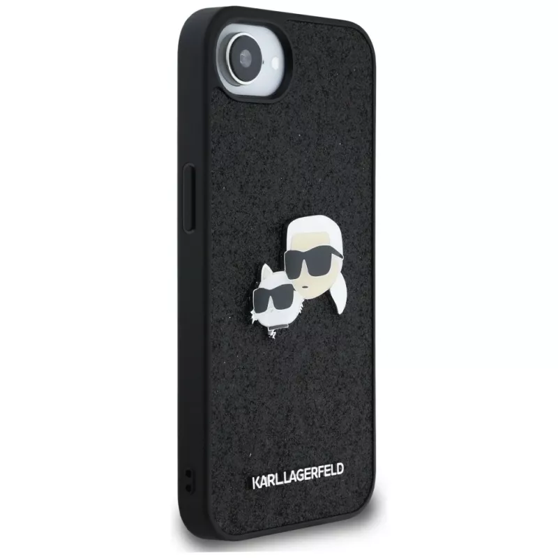 Karl Lagerfeld Fixed Glitter Karl & Choupette Heads Metal Pin -kotelo Apple iPhone 16e (musta)