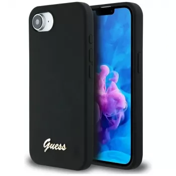 Guess Silicone Script Metal Logo MagSafe -kotelo iPhone 16e (musta)