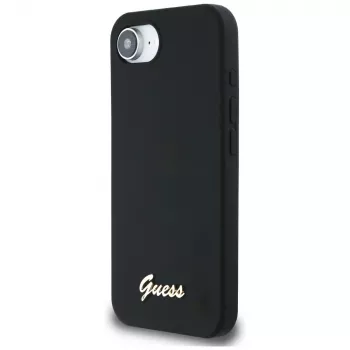 Guess Silicone Script Metal Logo MagSafe -kotelo iPhone 16e (musta)