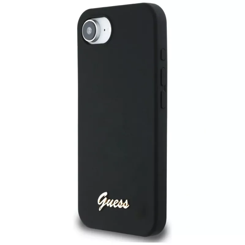 Guess Silicone Script Metal Logo MagSafe -kotelo iPhone 16e (musta)