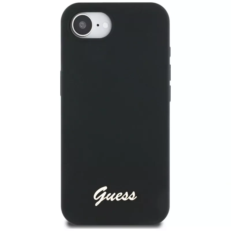 Guess Silicone Script Metal Logo MagSafe -kotelo iPhone 16e (musta)