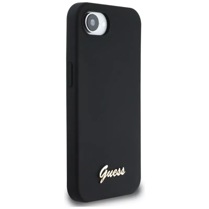 Guess Silicone Script Metal Logo MagSafe -kotelo iPhone 16e (musta)
