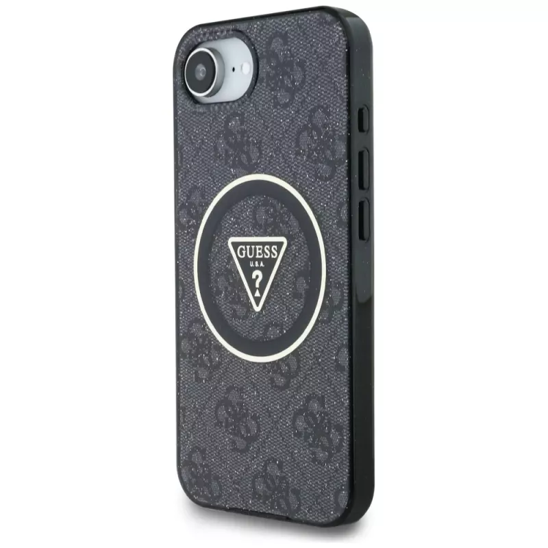 Guess IML Metal Glitter 4G Circle Triangle MagSafe -kotelo iPhone 16e (musta)