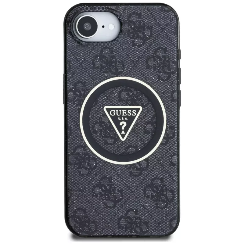 Guess IML Metal Glitter 4G Circle Triangle MagSafe -kotelo iPhone 16e (musta)