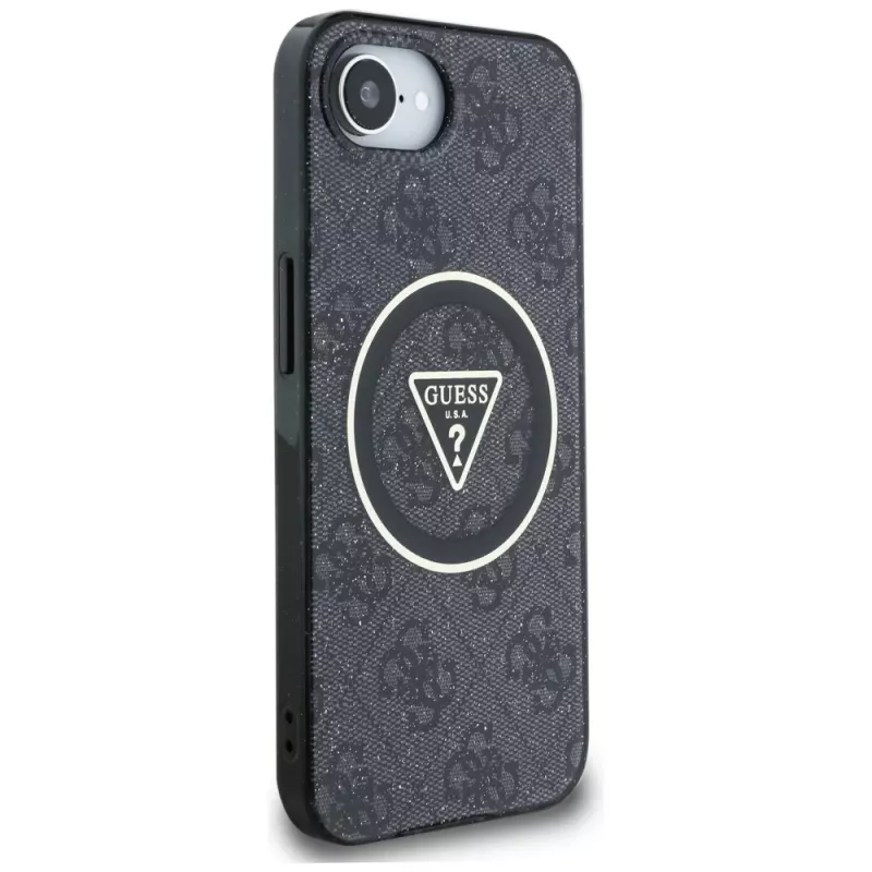 Guess IML Metal Glitter 4G Circle Triangle MagSafe -kotelo iPhone 16e (musta)