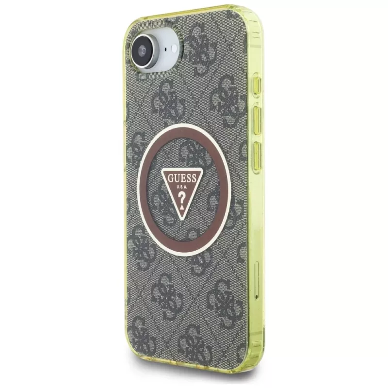 Guess IML Metal Glitter 4G Circle Triangle MagSafe -kotelo Apple iPhone 16e (ruskea)