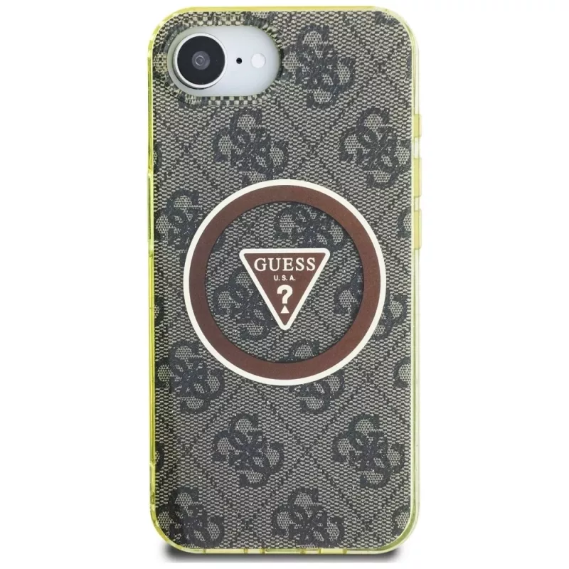 Guess IML Metal Glitter 4G Circle Triangle MagSafe -kotelo Apple iPhone 16e (ruskea)