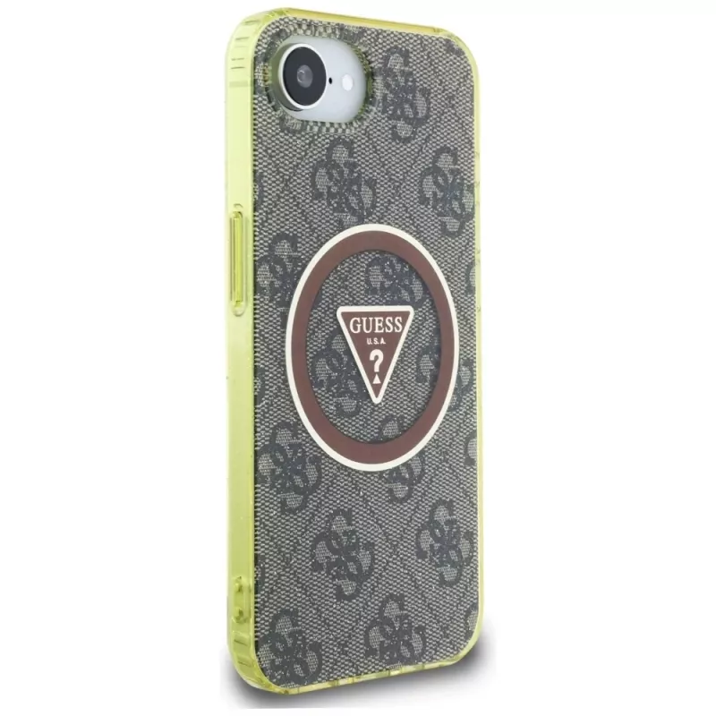 Guess IML Metal Glitter 4G Circle Triangle MagSafe -kotelo Apple iPhone 16e (ruskea)