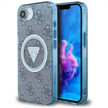 Guess IML Metal Glitter 4G Circle Triangle MagSafe -kotelo iPhone 16e (sininen)