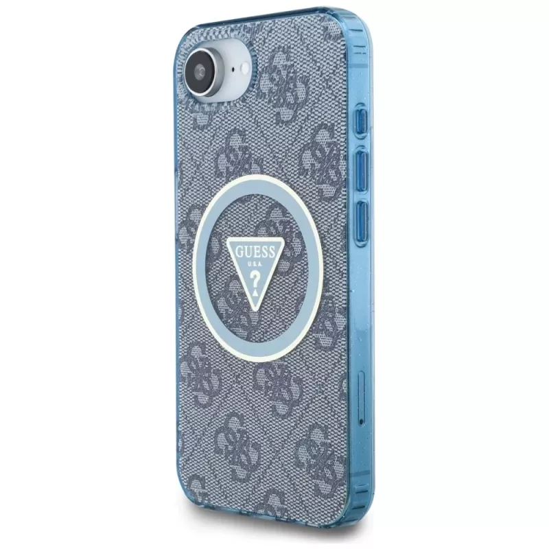 Guess IML Metal Glitter 4G Circle Triangle MagSafe -kotelo iPhone 16e (sininen)