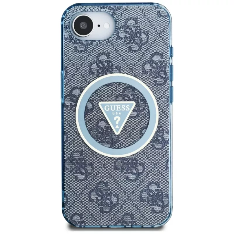Guess IML Metal Glitter 4G Circle Triangle MagSafe -kotelo iPhone 16e (sininen)