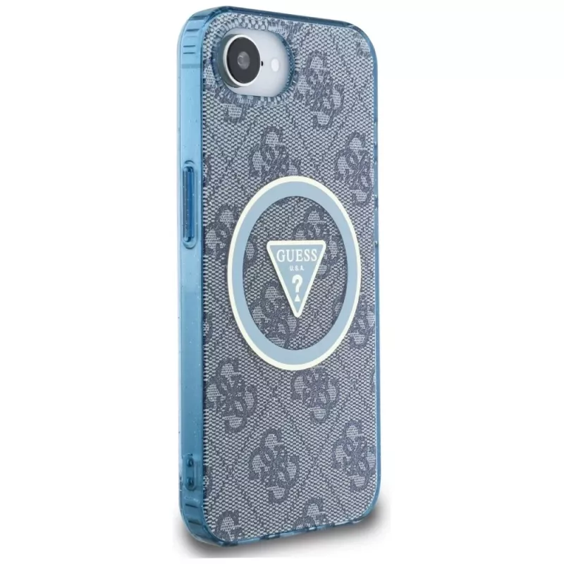 Guess IML Metal Glitter 4G Circle Triangle MagSafe -kotelo iPhone 16e (sininen)