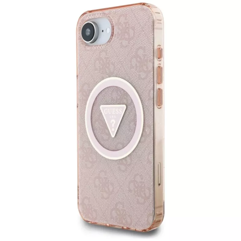 Guess IML Metal Glitter 4G Circle Triangle MagSafe -kotelo Apple iPhone 16e (pinkki)