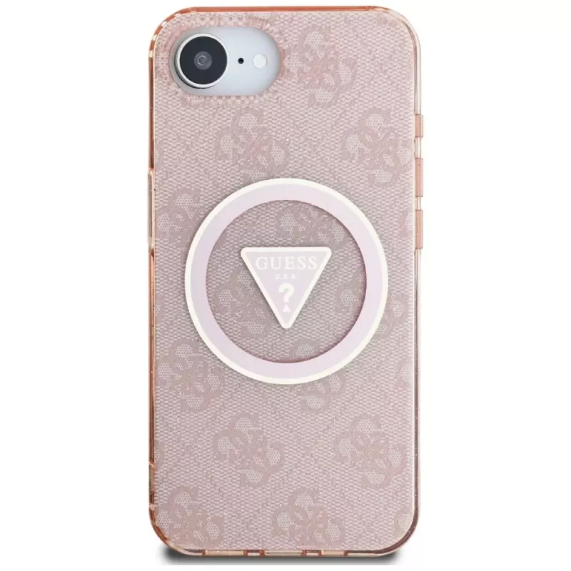 Guess IML Metal Glitter 4G Circle Triangle MagSafe -kotelo Apple iPhone 16e (pinkki)