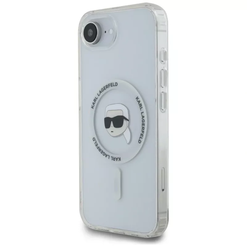 Karl Lagerfeld IML Metal Karl Head MagSafe -kotelo iPhone 16e/17e, valkoinen