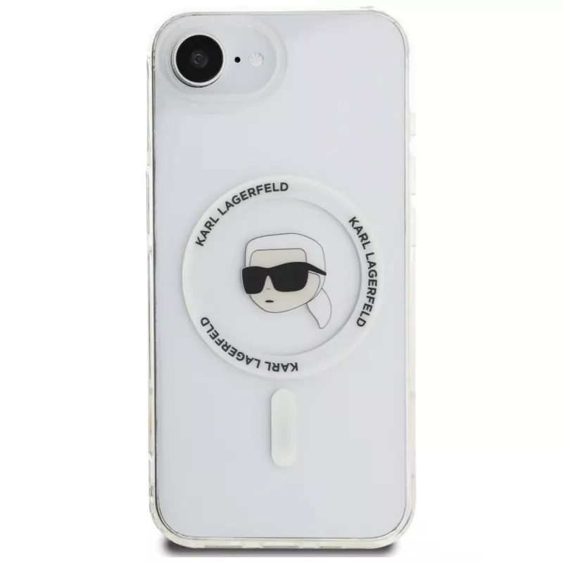 Karl Lagerfeld IML Metal Karl Head MagSafe -kotelo iPhone 16e/17e, valkoinen