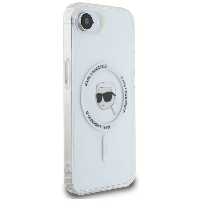 Karl Lagerfeld IML Metal Karl Head MagSafe -kotelo iPhone 16e/17e, valkoinen