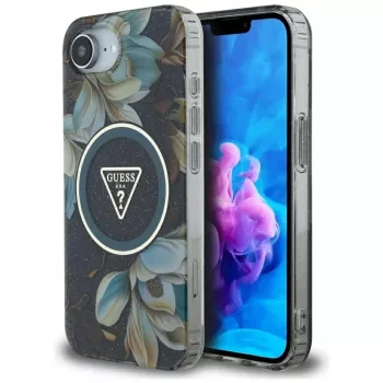 Guess IML Metal Glitter Flowers Triangle MagSafe -kotelo Apple iPhone 16e, musta
