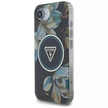 Guess IML Metal Glitter Flowers Triangle MagSafe -kotelo Apple iPhone 16e, musta