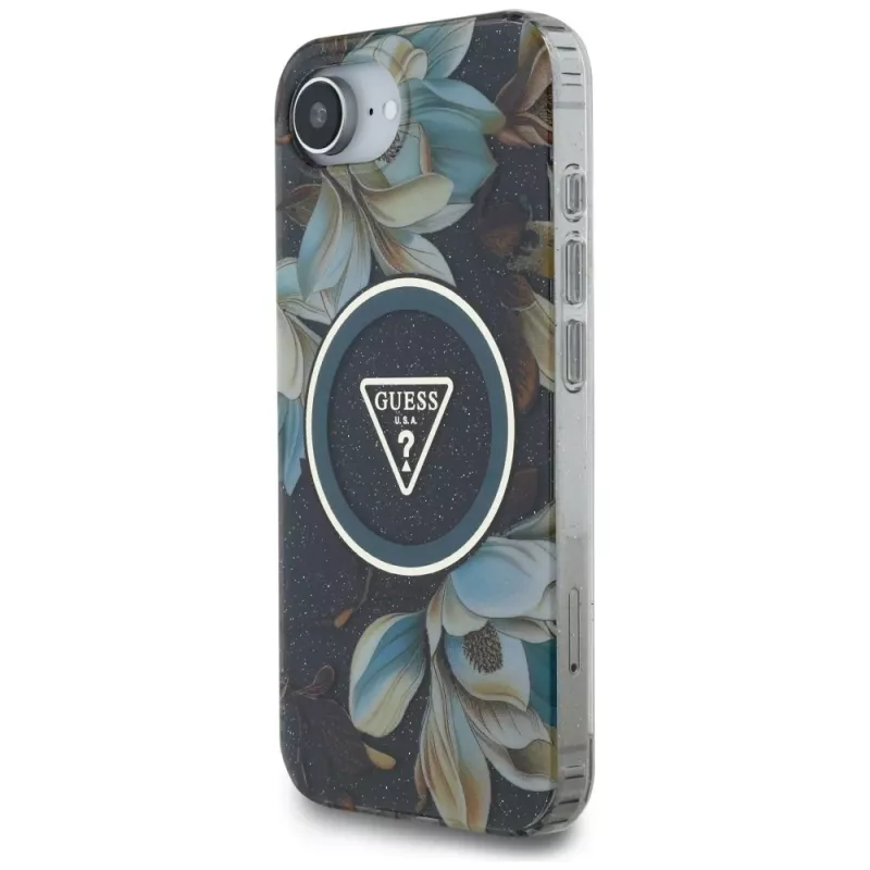 Guess IML Metal Glitter Flowers Triangle MagSafe -kotelo Apple iPhone 16e, musta