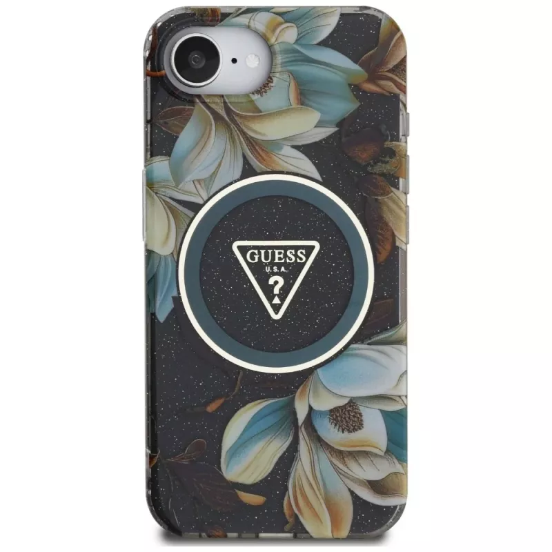 Guess IML Metal Glitter Flowers Triangle MagSafe -kotelo Apple iPhone 16e, musta