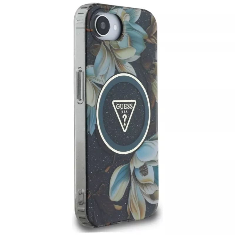 Guess IML Metal Glitter Flowers Triangle MagSafe -kotelo Apple iPhone 16e, musta