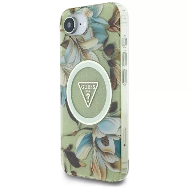 Guess IML Metal Glitter Flowers Triangle MagSafe -takakansi Apple iPhone 16e, vihreä