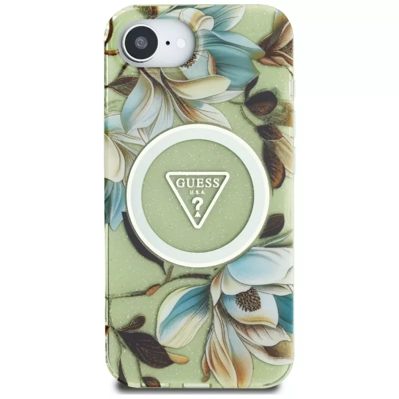 Guess IML Metal Glitter Flowers Triangle MagSafe -takakansi Apple iPhone 16e, vihreä