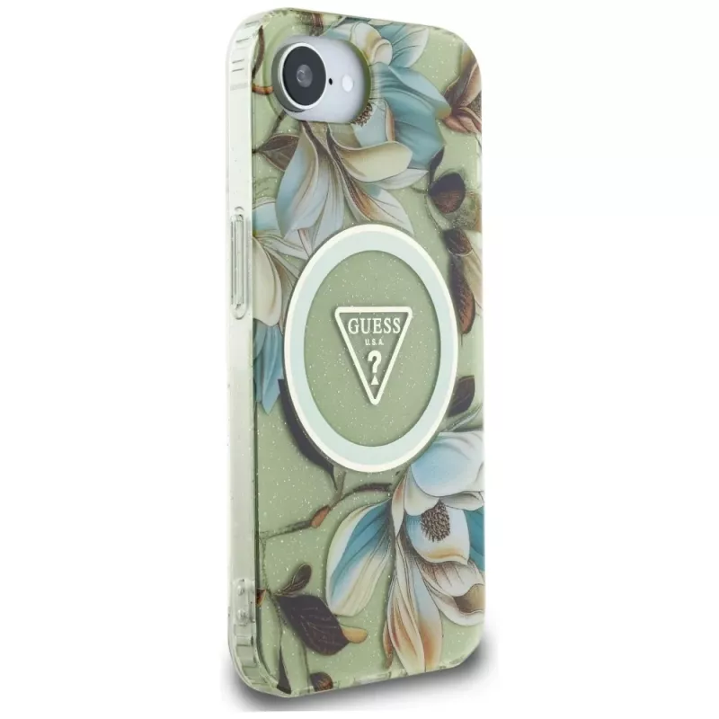 Guess IML Metal Glitter Flowers Triangle MagSafe -takakansi Apple iPhone 16e, vihreä