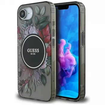 Guess IML Flowers MagSafe -kotelo iPhone 16e, musta