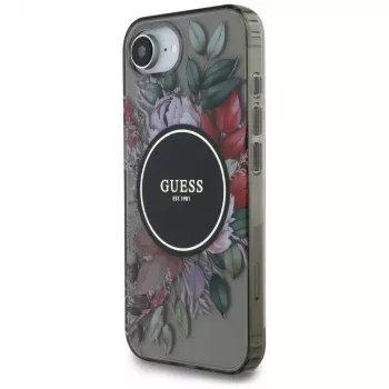 Guess IML Flowers MagSafe -kotelo iPhone 16e, musta