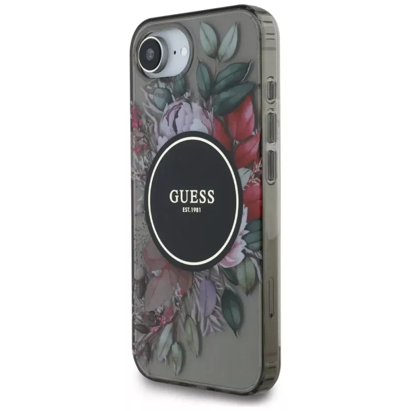 Guess IML Flowers MagSafe -kotelo iPhone 16e, musta
