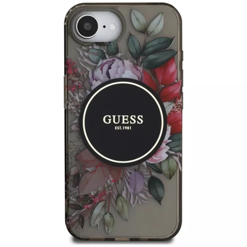 Guess IML Flowers MagSafe -kotelo iPhone 16e, musta