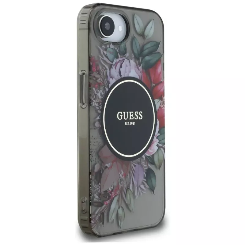 Guess IML Flowers MagSafe -kotelo iPhone 16e, musta
