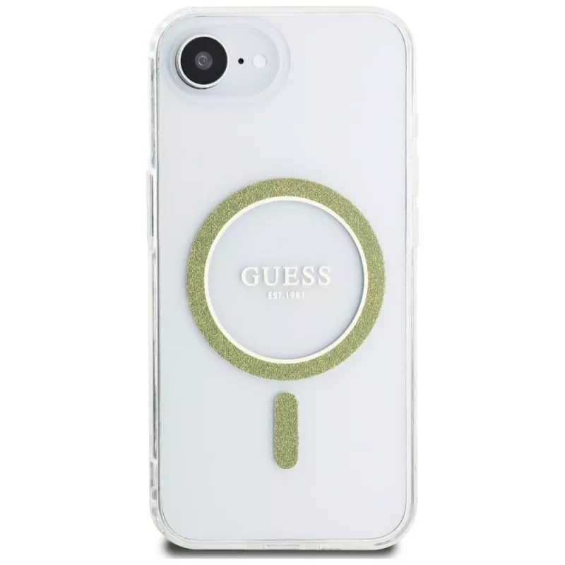 Guess IML Glitter Circle MagSafe -kotelo iPhone 16e, läpinäkyvä