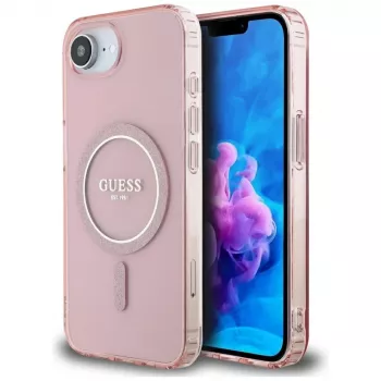 Guess IML Glitter Circle MagSafe -kotelo iPhone 16e, pinkki