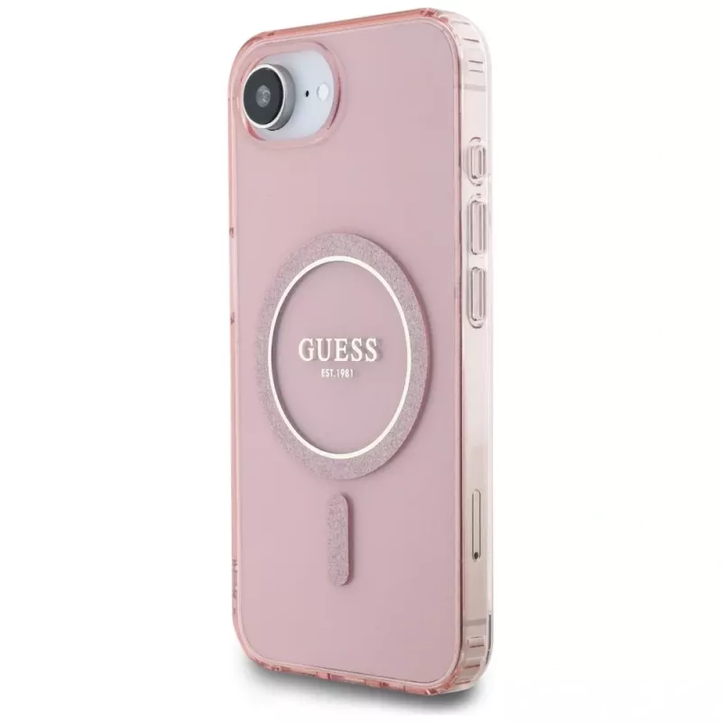 Guess IML Glitter Circle MagSafe -kotelo iPhone 16e, pinkki
