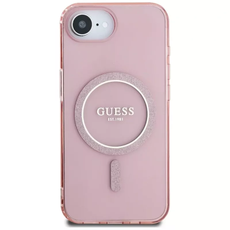 Guess IML Glitter Circle MagSafe -kotelo iPhone 16e, pinkki