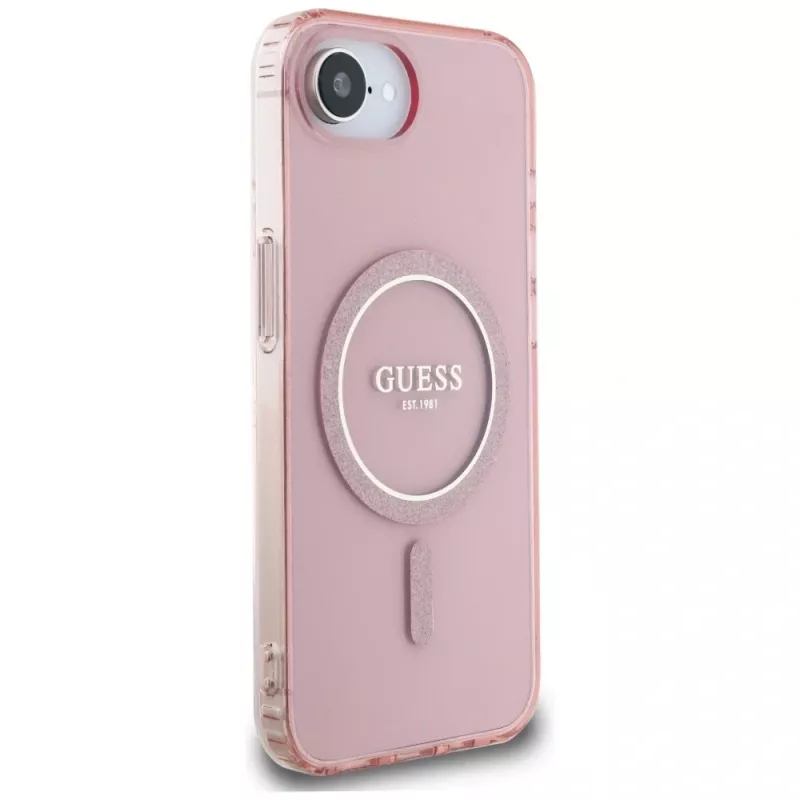 Guess IML Glitter Circle MagSafe -kotelo iPhone 16e, pinkki