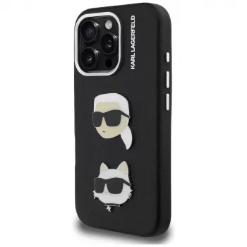 KARL LAGERFELD FW Grained Karl & Choupette Heads Pins -kotelo iPhone 16 Pro, musta