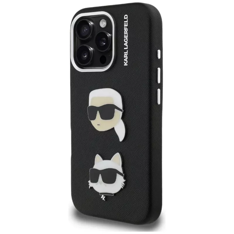 KARL LAGERFELD FW Grained Karl & Choupette Heads Pins -kotelo iPhone 16 Pro, musta