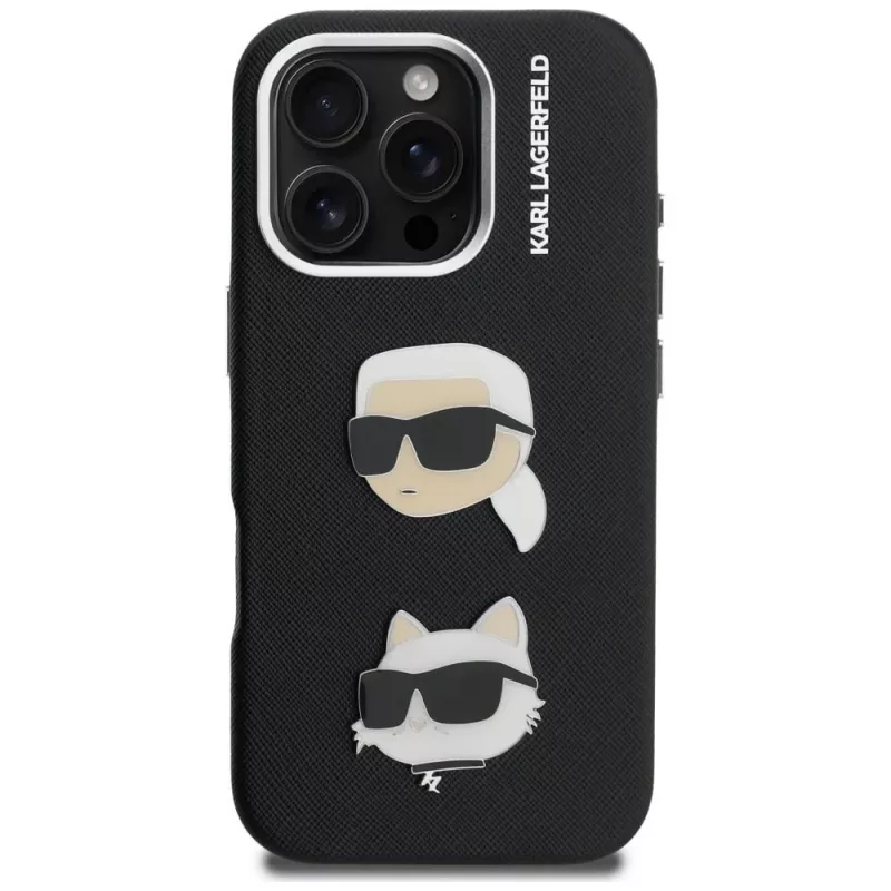 KARL LAGERFELD FW Grained Karl & Choupette Heads Pins -kotelo iPhone 16 Pro, musta