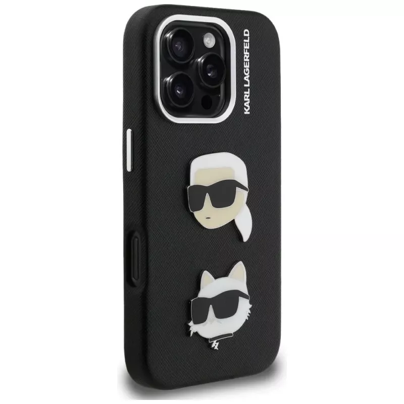KARL LAGERFELD FW Grained Karl & Choupette Heads Pins -kotelo iPhone 16 Pro, musta
