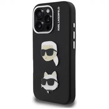 KARL LAGERFELD FW Grained Karl & Choupette Heads Pins -kotelo iPhone 16 Pro Max, musta